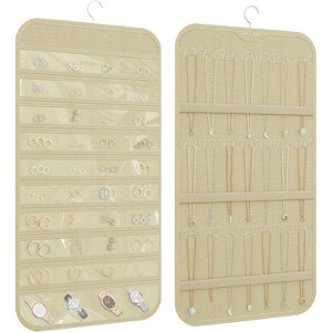 Double-Sided Hanging Jewelry Organizer with 40 Pockets & 36 Hooks, Wall Mounted Storage for Necklaces & Earrings, White Beige - 1 of 4