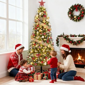 Prelit Pencil Snow Flocked Spruce Artificial Christmas Tree with Incandescent Warm White Lights & Foldable Stand, Xmas Tree Festive Ornamentation - 1 of 4