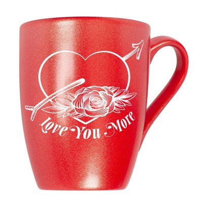 Elanze Designs Romantic Floral Valentines Coffee Cup Mug 10 Ounce Ceramic With Shimmery Metallic Finish Love You More Arrow Heart and Rose Crimson Red