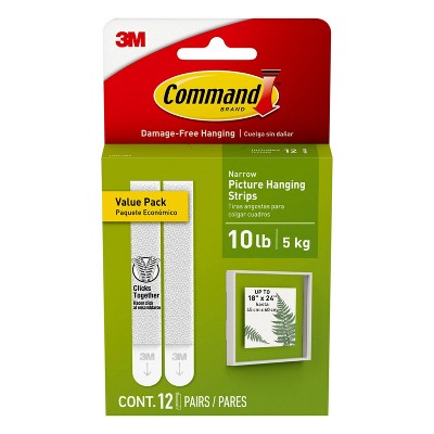 Command 12 Pairs 10lb Narrow White Picture Hanging Strips Big Pack