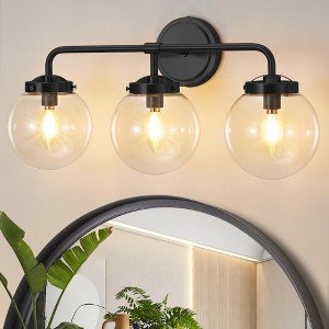 POWLIG 22.44-in 3-Light Matte Black Bathroom Light Fixtures Over Mirror Vanity Lighting with Clear Glass Globe Shades - 1 of 4