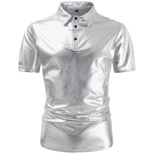 Lars Amadeus Men's Shiny Collar Neck Short Sleeves Sparkle Club Party Polo T-Shirts - 1 of 4