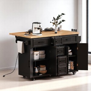 56.5'' Rolling Kitchen Island with Drop Leaf, 5 Drawers, 4 Doors & Wheels, Storage Cart for Kitchen or Dining Room - 1 of 4