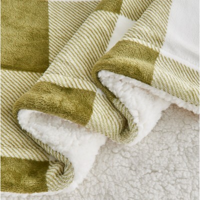 Olive Green Buffalo Check Full Sherpa Fleece Reversible Blanket