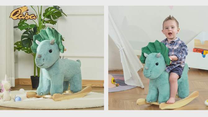 Qaba Kids Plush Ride-On Rocking Horse Triceratops-shaped Plush Toy Rocker with Realistic Sounds for Child 36-72 Months Dark Green, 2 of 10, play video