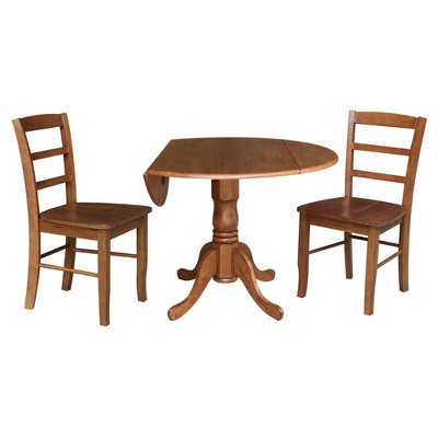 Distressed Oak 42" Drop Leaf Pedestal Dining Table with 2 Ladder Back Chairs