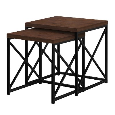 Monarch Specialties 2 Piece Square Metal Nesting Accent Side Table Set for Living Rooms, Sitting Areas, and Bedrooms, Cherry and Black