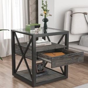 Racxily Modern End Table with Drawer, MDF & Tempered Glass Top with Industrial Style for Bedroom - 1 of 4