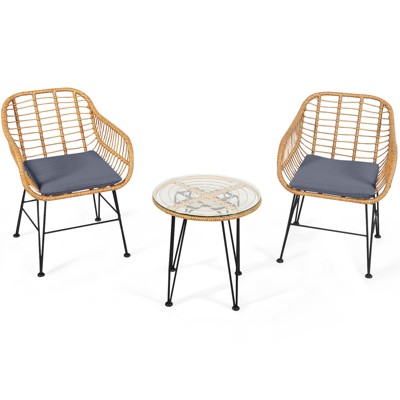 Tangkula 3 Pieces Patio Furniture Set w/Tempered Glass Coffee Table Set for Garden and Backyard White/Red/Turquoise/Grey/Black Cushions