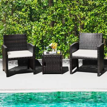 Costway 3PCS Patio Wicker Furniture Set Storage Table W/Protect Cover Cushioned