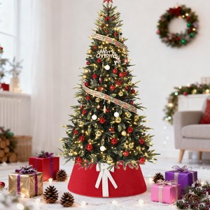 Orieon 33" Red Faux Leather Christmas Tree Collar with White Bow – Adjustable Modern Tree Base Cover for Holiday Decor. - 1 of 4