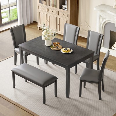 Aukfa 6-Piece Modern Dining Set with Bench - Wood Table & 4 Chairs for Kitchen/Dining Room, 6-Person Table Set