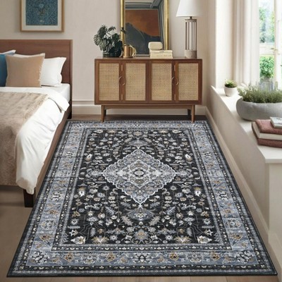 Non Slip Machine Washable Runners Ultra Thin Indoor Foldable Print Carpet Vintage Retro Floral Medallion Floor Cover