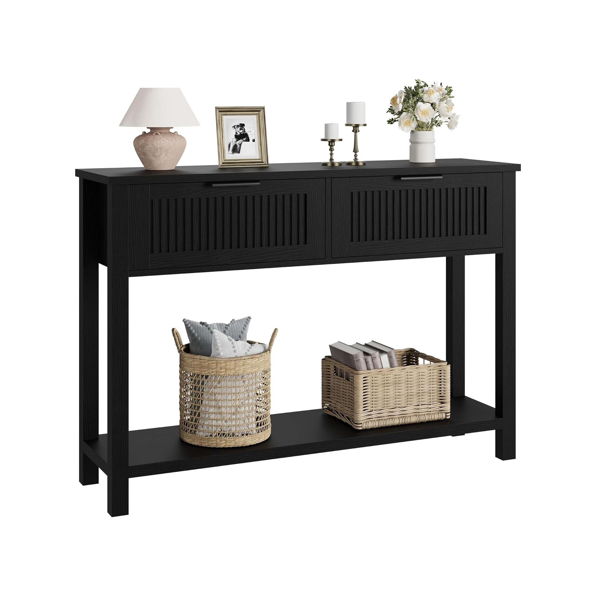 Modern Fluted Console Table with 2 Drawers – Narrow wooden side table, 2-tier, plenty of storage space,for living room, hallway & entrance