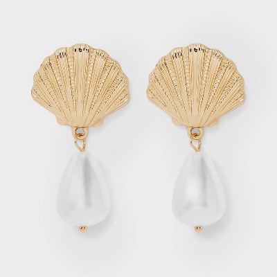 Gold Shell Post Pearl Drop Earrings - A New Day™