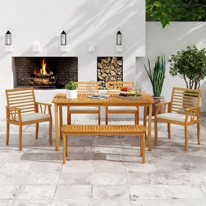 Costway 6 PSC Patio Dining Set Acacia Wood Table and Bench Chairs with 1.97” Umbrella Hole - 1 of 4
