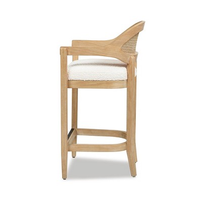 Ivory White Bouclé 26" Cane Back Counter Stool with Oak Frame