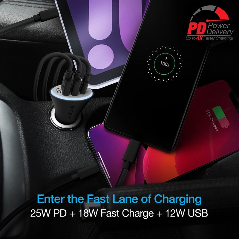 Naztech Power T3 Xtreme 55W 3-Port USB-C PD + Dual USB Fast Car Charger with PPS | Black, 2 of 9