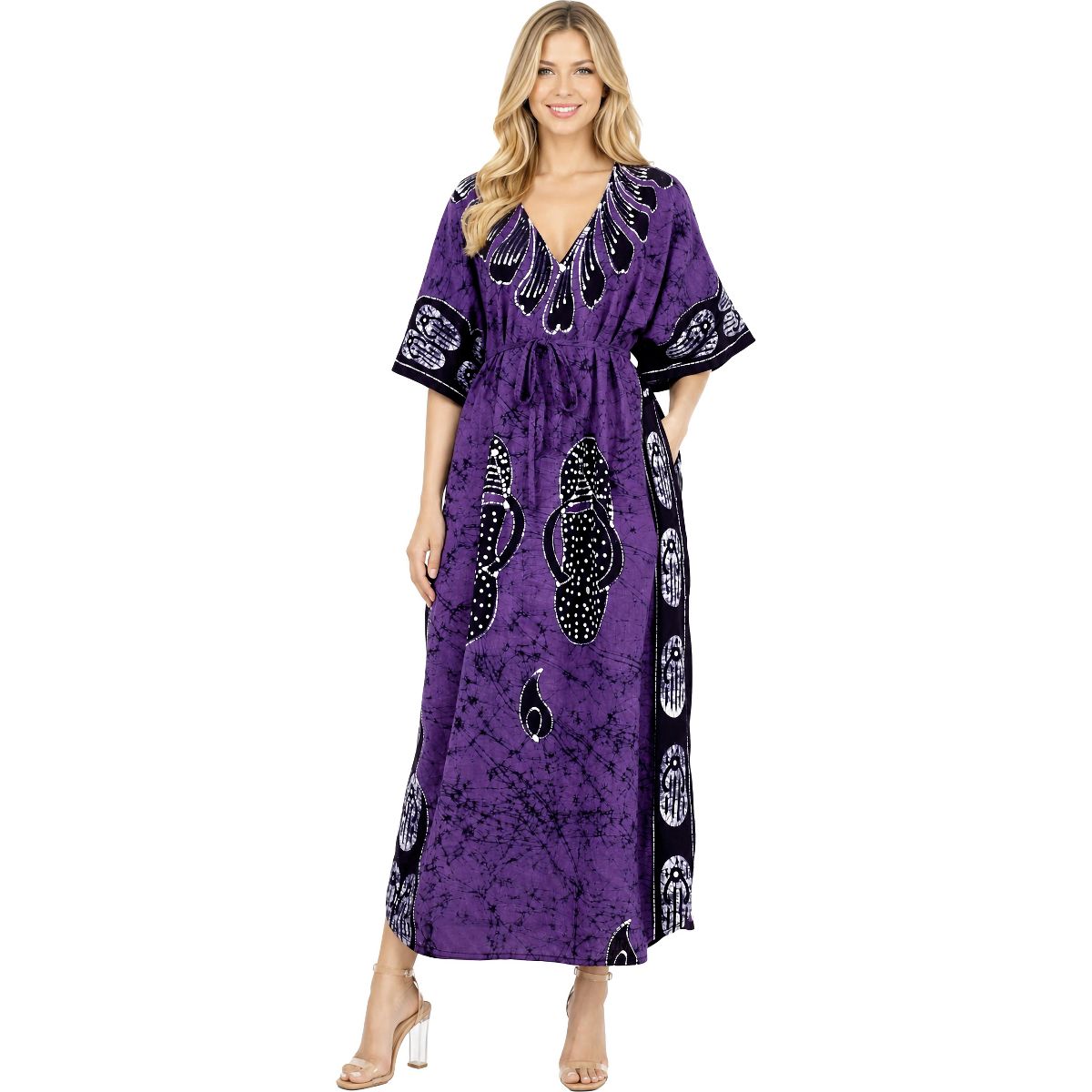 LA LEELA Summer Cotton Resortwear Holiday Caftan for Women Vacation Cruise Maxi Lounge Dress Comfortable Fit 2X-3X Purple Abstract