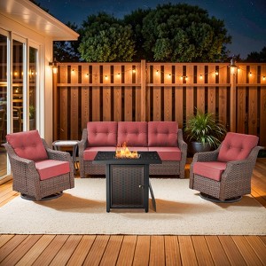 Buenhomino 5 Piece Outdoor Patio Furniture Set with 50000 BTU Propane Fire Pit Table, Deep Seating Wicker Swivel Rocker Chairs Patio Conversation Set - 1 of 4