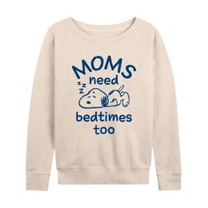 Women's - Peanuts - Moms Need Bedtimes Too Snoopy Lightweight French Terry Wide Neck Long Sleeve Graphic Shirt - 1 of 4