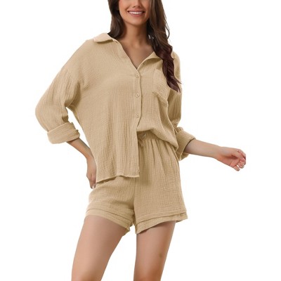 cheibear Women's Button Down Long Sleeve Sleepwear Shirt with Shorts Casual Lounge Sets