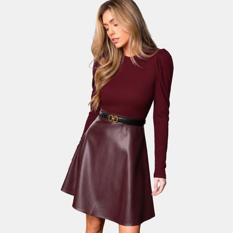 Женские платья Cupshe Women's Elegant Burgundy Faux Leather Sweater Dress-M-Red