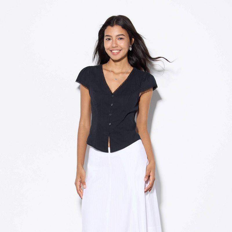 Women's Mini Cap Sleeve Button-Front Blouse - Wild Fable™ Black XS