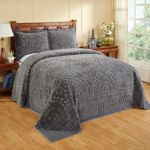 Better Trends Rio Queen 100% Cotton Chenille Tufted Medallion Bedspread & Sham Set, Soft Textured Bedding, Machine Washable, OEKO-TEX, Gray