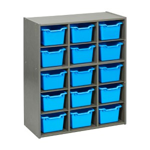 ECR4Kids Streamline 15 Cubby Tray Cabinet with 15 Scoop Front Storage Bins, 5x3, Grey Wash - 1 of 4