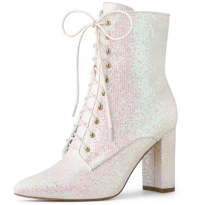 Allegra K Women's Glitter Lace-Up Pointed Toe Block Heel Ankle Boots - 1 of 4