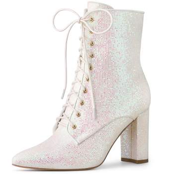 Allegra K Women's Glitter Pointed Toe Block Heel Ankle Boots