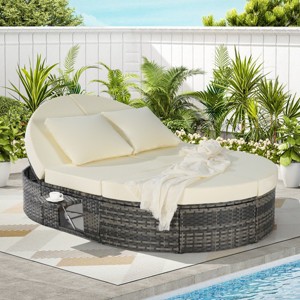 Outdoor Patio Round Recliner,Rattan Patio Recliner With Adjustable Backrests And Cushions,Recliner For Backyard Poolside-Cuddlewood - 1 of 4