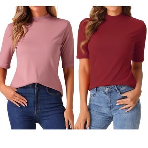 INSPIRE CHIC Women's Half Sleeve Casual Turtleneck Solid Elastic Soft T-Shirts 2 Packs - 1 of 4