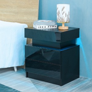 LED Nightstand Modern Black Nightstand with Led Lights Wood Led Bedside Table Nightstand with 2 High Gloss Drawers - 1 of 4