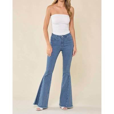 Women's Striped Stretchy Bellbottom Jeans - WISTERIA LANE