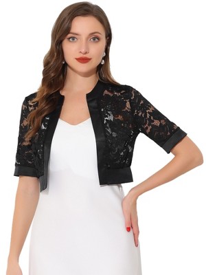 INSPIRE CHIC Women's Lace Round Neck Satin Panel Short Sleeve Bolero Shrugs