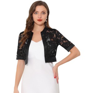 INSPIRE CHIC Women's Lace Round Neck Satin Panel Short Sleeve Bolero Shrugs - 1 of 4