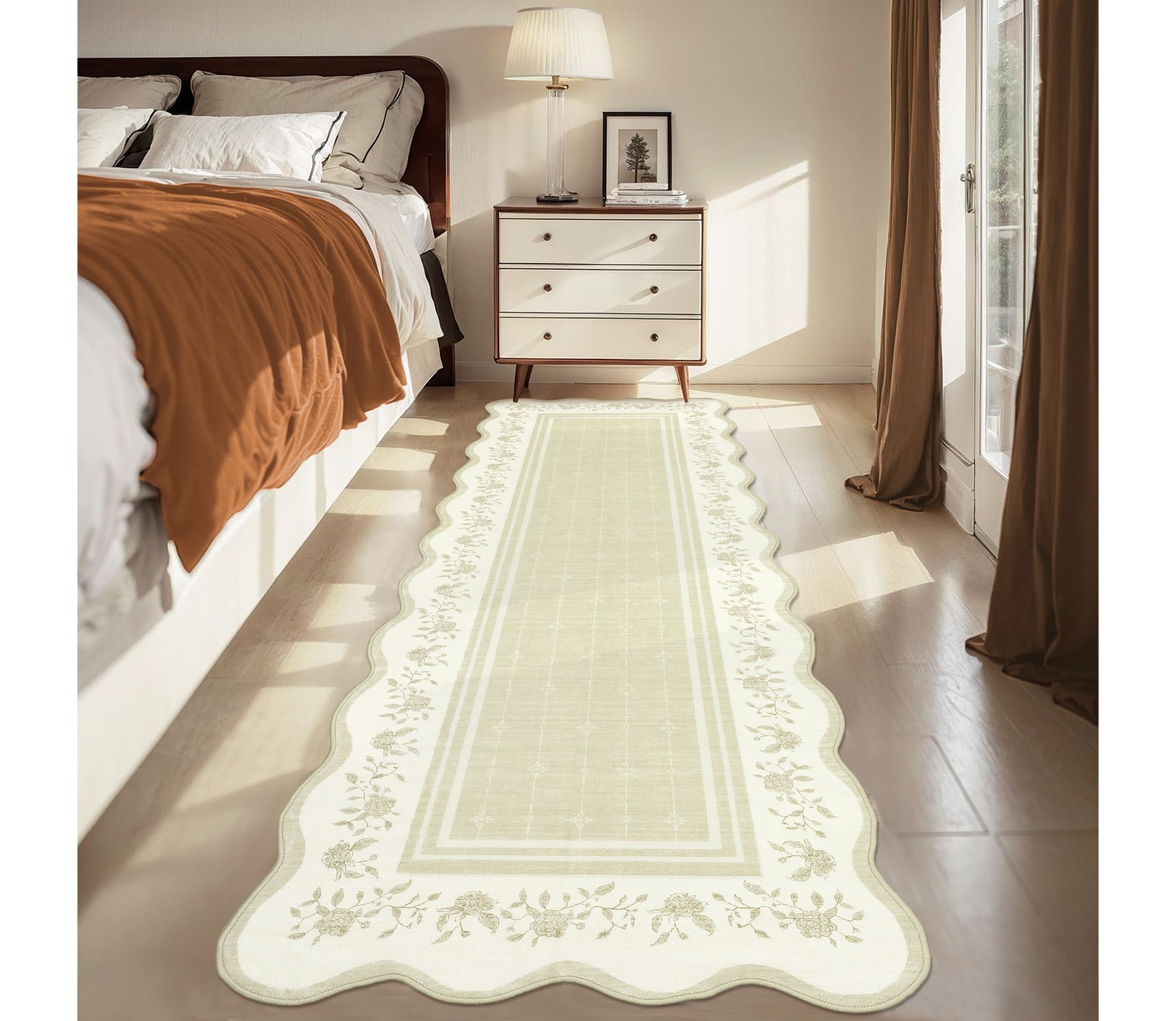 Washable Scalloped Living Room Bedroom Rugs, Indoor Modern Non Slip Dining Room Rugs, Low Pile Floral Print Throw Carpet for Home Decor