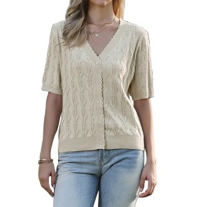 INSPIRE CHIC Women's V Neck Wave Decor Short Sleeve Button Down Crochet Causal Cardigan - 1 of 4