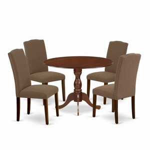 5-Piece Mahogany Finish Solid Wood Top Dining Table with 4 Upholstered Chairs with Drop Leaf - 1 of 4