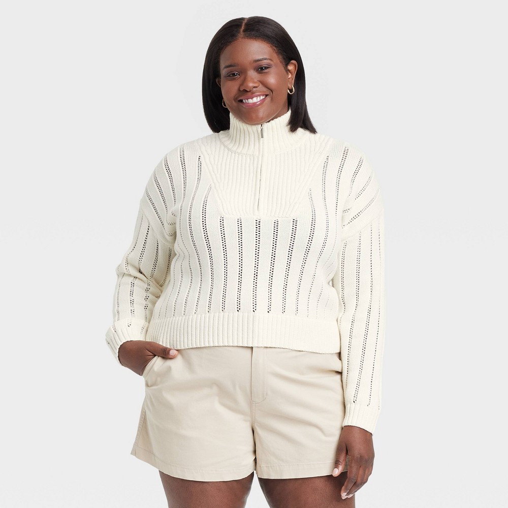 Women's Mock Turtleneck Quarter Zip Pullover Sweater - A New Day™ Cream 2X