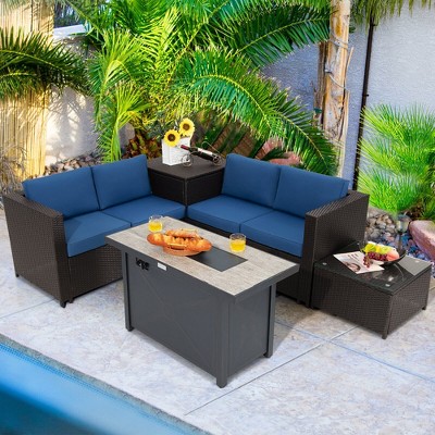 Tangkula 5PCS Patio Rattan Furniture Set Fire Pit Table w/ Cover Storage Cushion