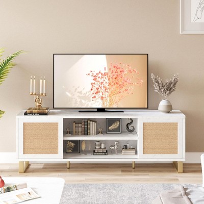 Rattan TV Stand for 65 Inch, Modern Entertainment Center with Marble Color, Boho TV Console with Doors and Shelves, Media TV Cabinet
