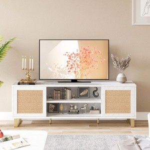 Rattan TV Stand for 65 Inch, Modern Entertainment Center with Marble Color, Boho TV Console with Doors and Shelves, Media TV Cabinet - 1 of 4