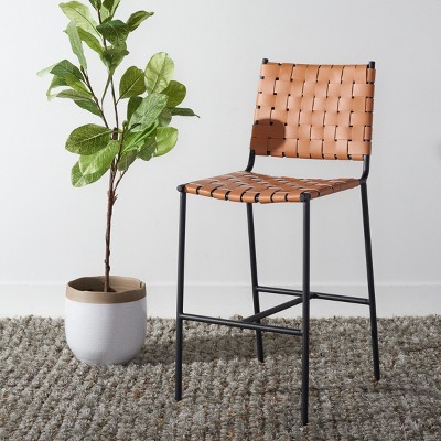 Cognac Leather and Black Metal Saddle Counter Stool