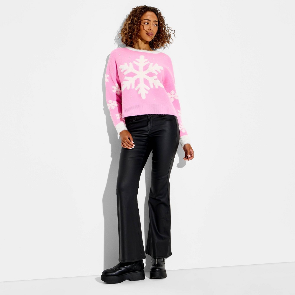Women's Snowflake Festive Graphic Sweater - Pink XS