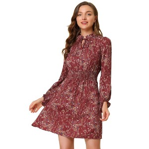 INSPIRE CHIC Women's Smocked Waist Tie Neck Floral Long Sleeve Dress - 1 of 4