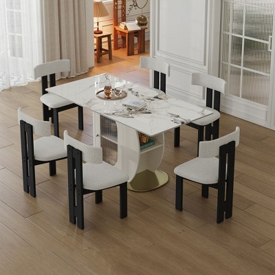PAGED 63" Dining Table Rectangle Kitchen Table with Storage Shelf and Acrylic Door, Living Room Table with Sintered Stone Top for 4/6 Person