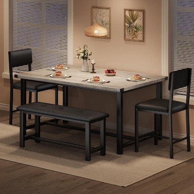 Dining Table Set for 4, Kitchen Table and 2 Upholstered Chairs with Bench, Wooden Rectangular Dining Room Set, Rustic Gray